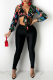 Black Sexy Print Bandage V Neck Long Sleeve Two Pieces