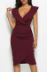 Burgundy Fashion Sexy Solid Patchwork V Neck One Step Skirt Dresses