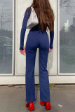 Blue Casual Solid Patchwork Buttons Turndown Collar Regular Jumpsuits