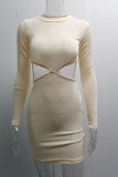 Pink Sexy Solid Hollowed Out Patchwork Backless Asymmetrical O Neck Pencil Skirt Dresses