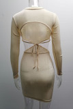 Pink Sexy Solid Hollowed Out Patchwork Backless Asymmetrical O Neck Pencil Skirt Dresses