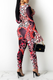 Red Sexy Print Split Joint Halter Long Sleeve Two Pieces