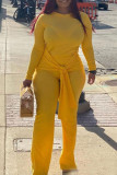 Yellow Fashion Casual Solid Bandage Patchwork O Neck Long Sleeve Two Pieces