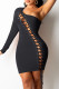 Black Fashion Sexy Solid Bandage Hollowed Out Oblique Collar Long Sleeve Dresses