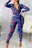 Blue Sexy Print Patchwork V Neck Skinny Jumpsuits