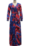Blue Red Sexy Print Patchwork V Neck Cake Skirt Dresses