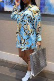 Blue Fashion Casual Print Basic Turndown Long Sleeve Shirt Dress