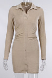 Apricot Sexy Solid Hollowed Out Patchwork Buckle Turndown Collar One Step Skirt Dresses