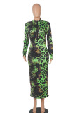 Green Casual Print Patchwork Zipper Collar Dresses