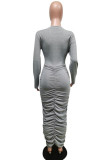 Grey Fashion Casual Solid Fold O Neck One Step Skirt Dresses