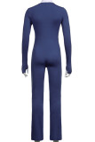 Blue Casual Solid Patchwork Buttons Turndown Collar Regular Jumpsuits