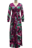 Blue Red Sexy Print Patchwork V Neck Cake Skirt Dresses