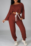 Red Fashion Casual Solid Basic O Neck Long Sleeve Two Pieces