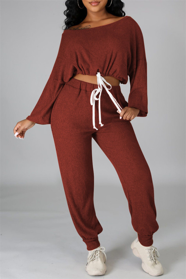 Red Fashion Casual Solid Basic O Neck Long Sleeve Two Pieces