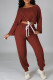 Red Fashion Casual Solid Basic O Neck Long Sleeve Two Pieces