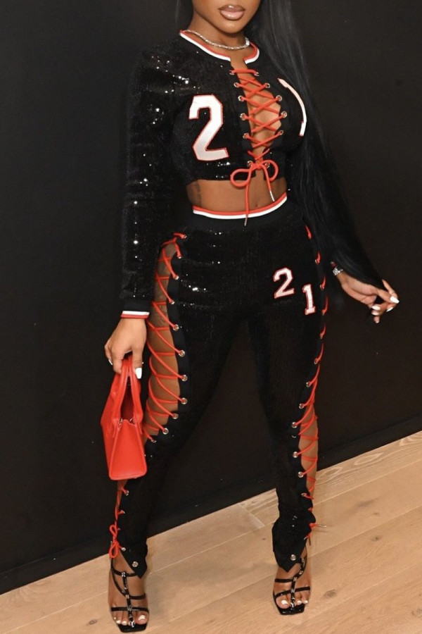 Black Casual Print Bandage Sequins O Neck Long Sleeve Two Pieces