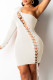 Cream White Fashion Sexy Solid Bandage Hollowed Out Oblique Collar Long Sleeve Dresses