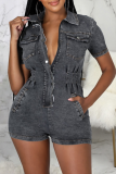 Blue Street Solid Patchwork Turndown Collar Skinny Rompers