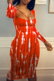 Red Sexy Patchwork Tie-dye Square Collar Pencil Skirt Dresses