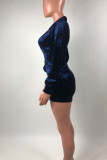 Blue Sexy Solid Patchwork With Belt V Neck Regular Rompers