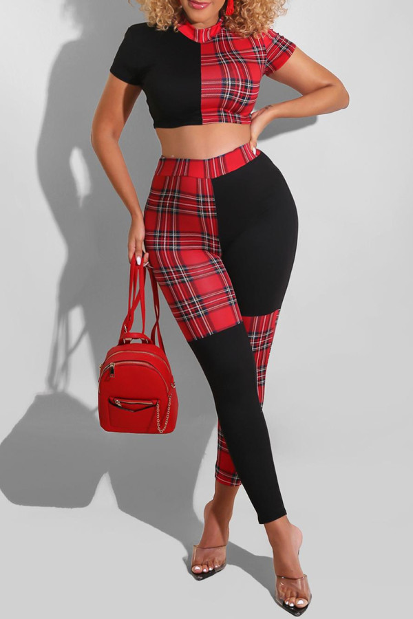 Black Red Fashion Casual Letter Print Patchwork O Neck Short Sleeve Two Pieces