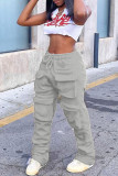 Grey Sweet Solid Pocket Straight Bottoms