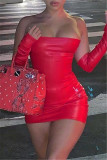 Red Fashion Sexy Solid Backless Strapless Long Sleeve Dresses