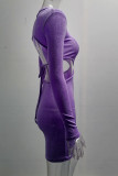 Pink Sexy Solid Hollowed Out Patchwork Backless Asymmetrical O Neck Pencil Skirt Dresses