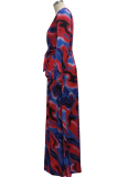 Blue Red Sexy Print Patchwork V Neck Cake Skirt Dresses