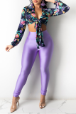 Red Sexy Print Bandage V Neck Long Sleeve Two Pieces
