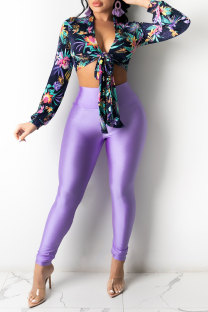Purple Sexy Print Bandage V Neck Long Sleeve Two Pieces