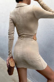 Apricot Sexy Solid Hollowed Out Patchwork Buckle Turndown Collar One Step Skirt Dresses