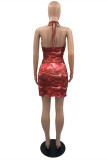 Red Fashion Sexy Print Bandage Hollowed Out Backless Halter Sleeveless Dress Dresses