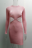 Pink Sexy Solid Hollowed Out Patchwork Backless Asymmetrical O Neck Pencil Skirt Dresses