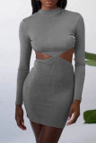 Pink Sexy Solid Hollowed Out Patchwork Backless Asymmetrical O Neck Pencil Skirt Dresses