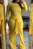 Yellow Fashion Casual Solid Bandage Patchwork O Neck Long Sleeve Two Pieces