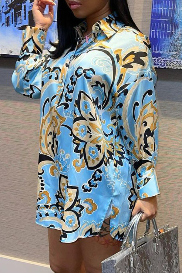 Blue Fashion Casual Print Basic Turndown Long Sleeve Shirt Dress