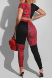Black Red Fashion Casual Letter Print Patchwork O Neck Short Sleeve Two Pieces