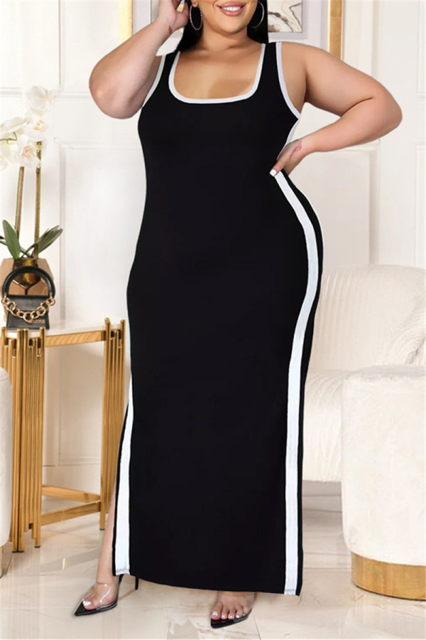 Black Fashion Casual Patchwork Slit U Neck Vest Dress