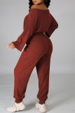 Red Fashion Casual Solid Basic O Neck Long Sleeve Two Pieces