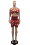 Red Fashion Sexy Print Bandage Hollowed Out Backless Halter Sleeveless Dress Dresses