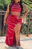 Red Fashion Sexy Patchwork Hot Drilling Slit O Neck Sleeveless Two Pieces