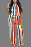 Colour Sexy Striped Split Joint Halter Straight Jumpsuits