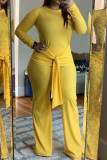 Yellow Fashion Casual Solid Bandage Patchwork O Neck Long Sleeve Two Pieces