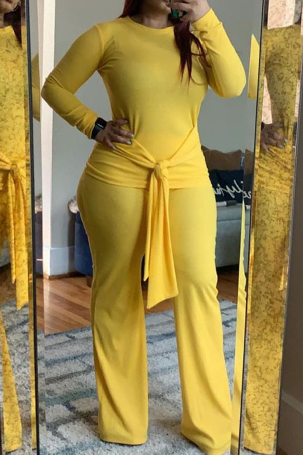 Yellow Fashion Casual Solid Bandage Patchwork O Neck Long Sleeve Two Pieces