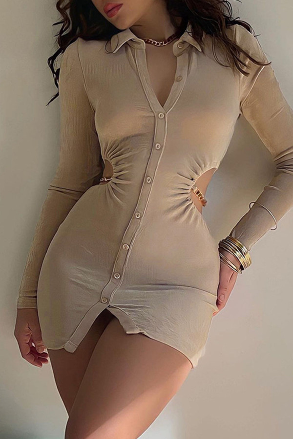 Apricot Sexy Solid Hollowed Out Patchwork Buckle Turndown Collar One Step Skirt Dresses