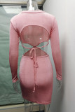 Pink Sexy Solid Hollowed Out Patchwork Backless Asymmetrical O Neck Pencil Skirt Dresses