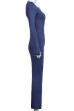 Blue Casual Solid Patchwork Buttons Turndown Collar Regular Jumpsuits