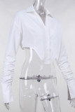 White Sexy Solid Patchwork Buckle Asymmetrical Turndown Collar Tops