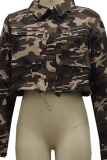 Camouflage Casual Camouflage Print Patchwork Turndown Collar Outerwear